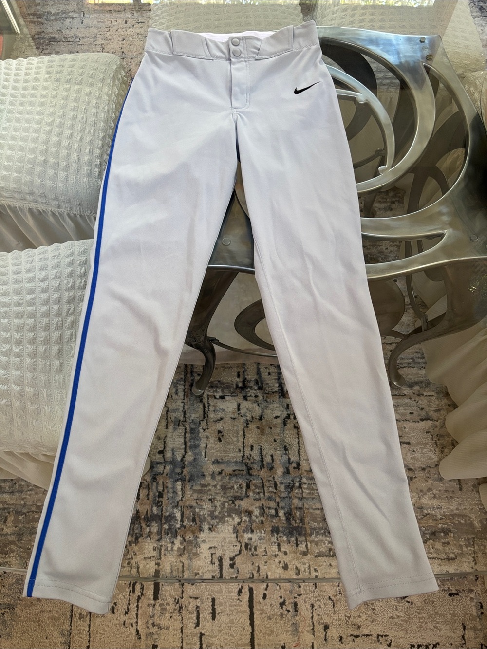 Nike Men’s White Baseball Pants with Royal Blue Side Stripe and Black Swoosh